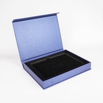 Custom Logo Blue Clamshell Storage Box Gift Book Shape Packaging Box Dengan EVA Tray
