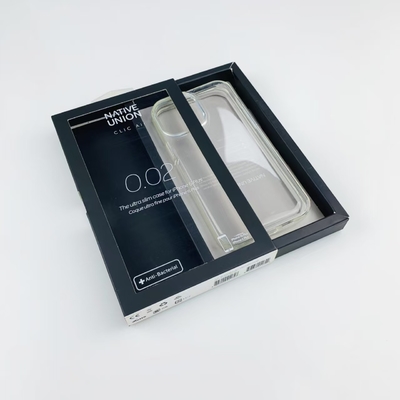 Custom Black Sliding Drawer Paper Box With Hook Clear Window for Phone Case Package Nyaman dan Elegan